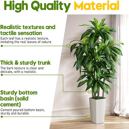 Artificial Dracaena Tree Indoor, 5FT Tall Fake Tree with White Tall Planter, Artificial Tree Fake Yucca Potted Tree for Home Office Living Room Decor, Tall Artificial Plant for Housewarming
