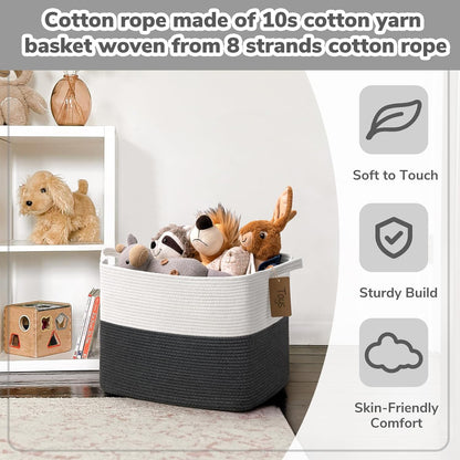 Goodpick Woven Storage Basket, Cotton Rope Basket for Dog Toys, Books, Stylish Gift Basket with Handles, 13 x 10 x 9 Inches Square Baskets for Organizing, Brown and White