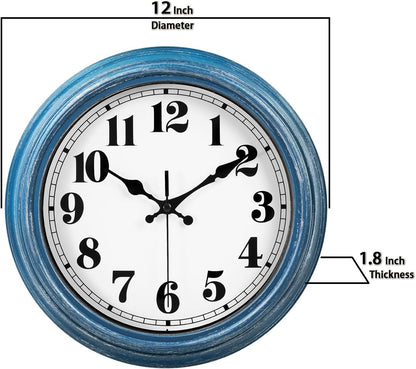 JENLYSTIME 12 Inch Indoor/Outdoor Retro Waterproof Wall Clock with Thermometer Silent Round Quartz Battery Operated Easy to Read Decorative for Kitchen Patio,Bathroom,Deck,Porch,Pool(Blue)