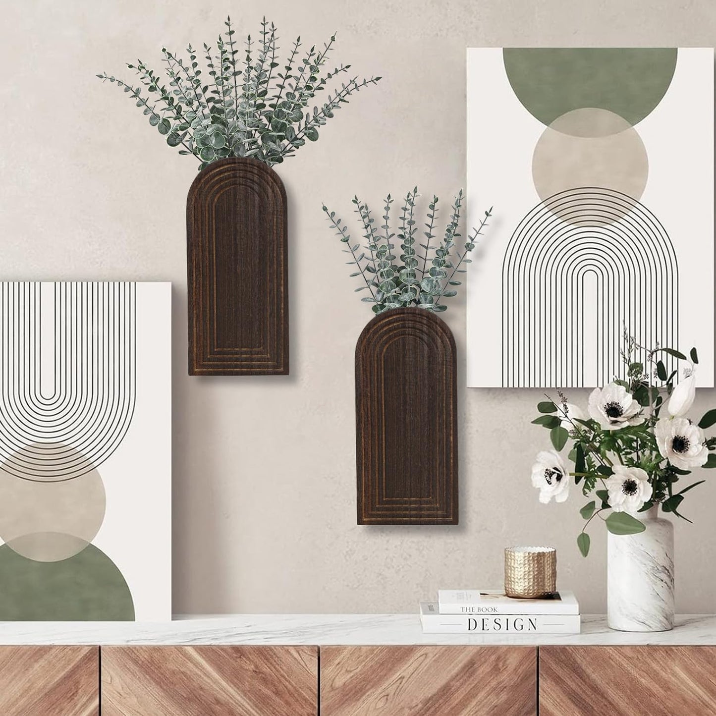 Dnnnii 2 Pack Wooden Wall Vase Set - Brown Finish Modern Farmhouse & Boho Wall Decor for Entryway, Hallway, Bathroom, Living Room, Dining Room, Narrow Spaces