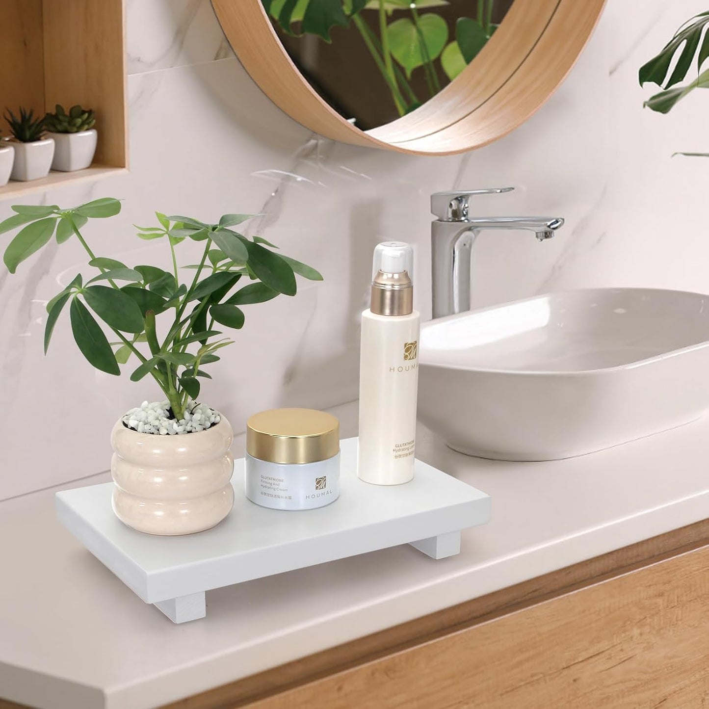Wooden Pedestal Stand Black Bathroom Counter Organizer Tray Decor Farmhouse Wood Risers Small Hand Soap Dish Dispenser Holder for Kitchen Sink Modern Bathroom Vanity Accessories Decorative Tray