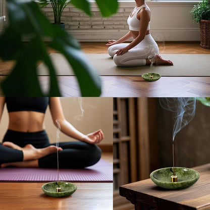 Koville Natural Marble Incense Holder, Incense Holder for Sticks with 9 Holes, Handmade Incense Burner Ash Catcher for Meditation Yoga SPA, Balsam Fir/Palo Santo/Sage/Cone (Green)
