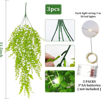 RECUTMS Artificial Hanging Plants Fake Hanging Plant Faux Eucalyptus Leaf Greenery Vine Outdoor UV Resistant Plastic Plants Home Garden Wedding Party Indoor Outdoor Decorations(White)