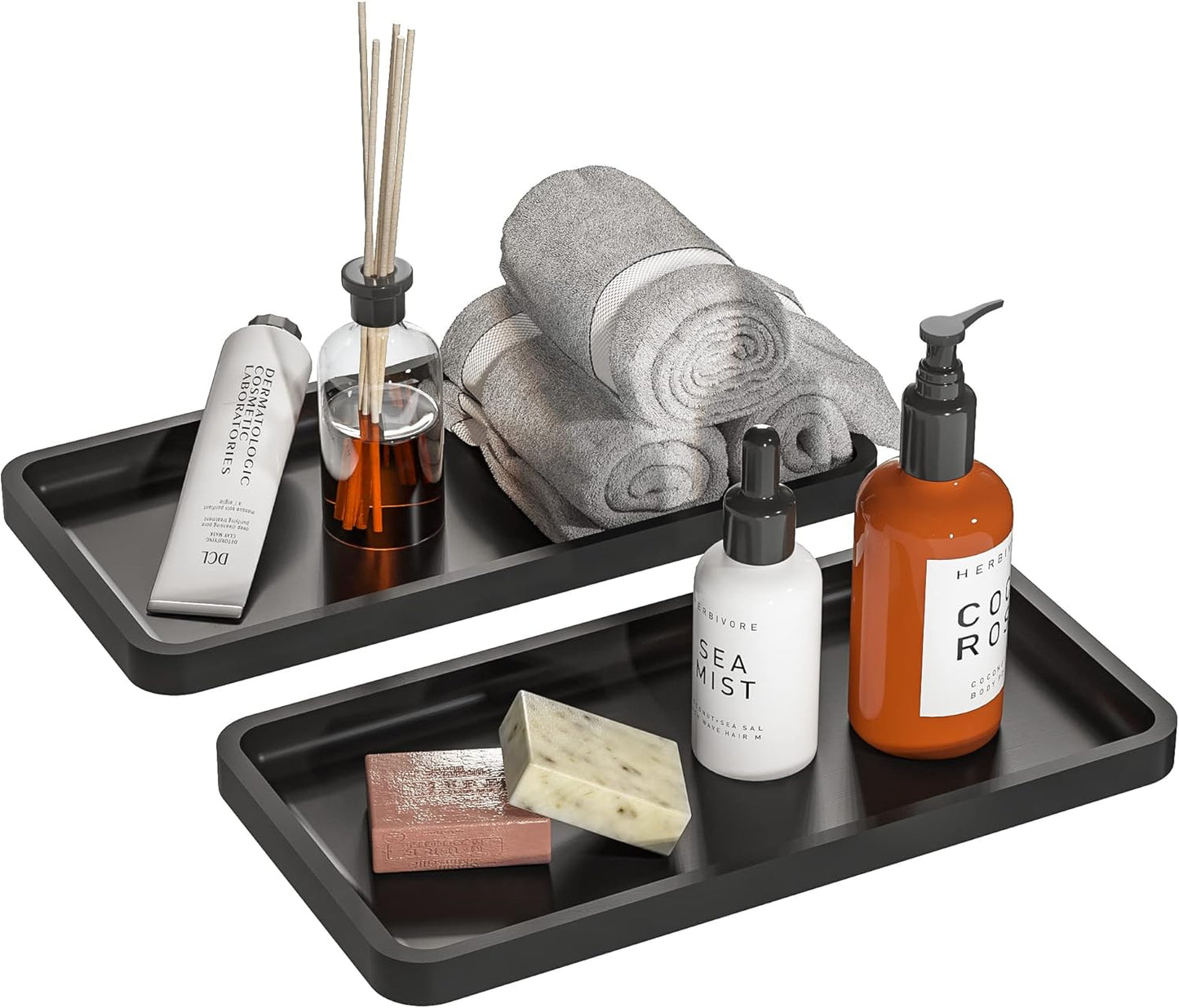 Bathroom Vanity Tray for Countertop - Bamboo Organizer Tray for Dresser Tops, Toilet, Perfume Small Decorative Tray Wood Tray for Home Decoration 11.81” L x 6.1” W x 0.79” H Black