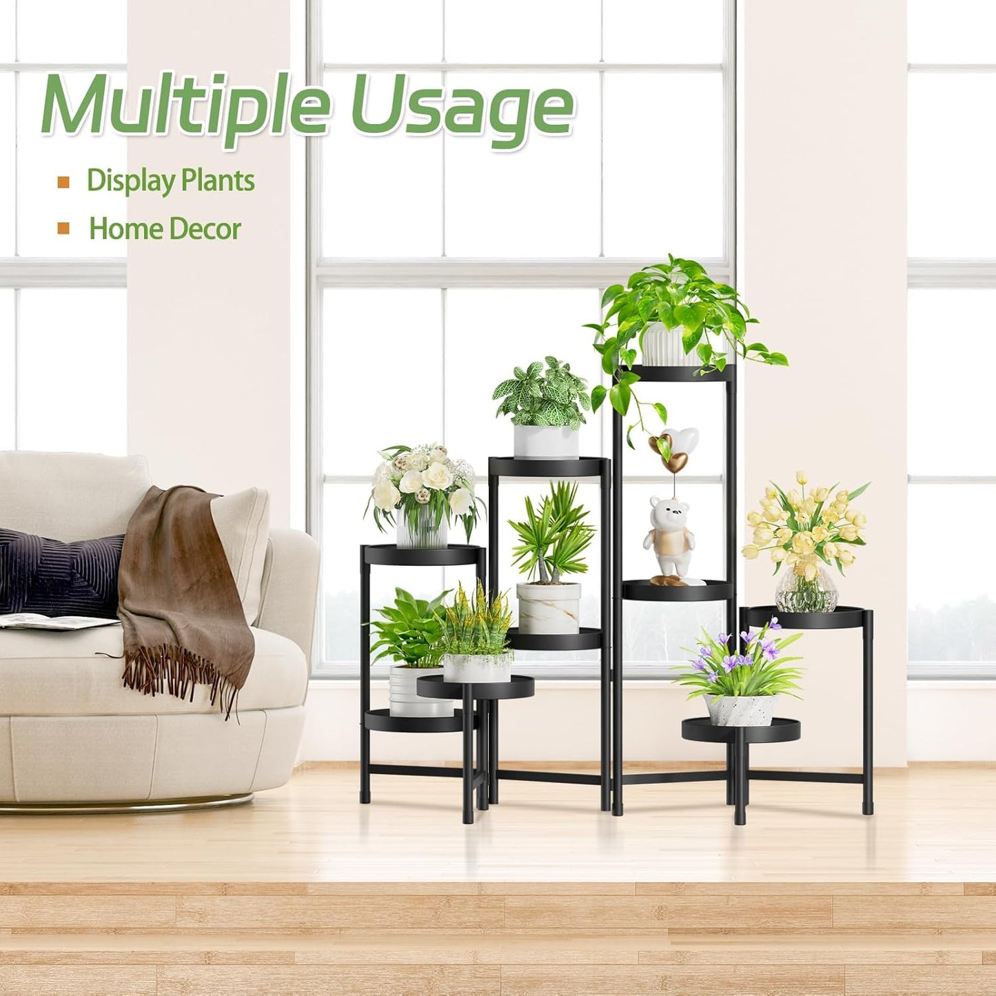 iDavosic.ly Plant Stand Indoor Outdoor, 5 Tier Corner Metal Flower Display Holder Shelf, Folding Tall Orchid Rack for Patio Balcony Porch Garden Living Room House, Black