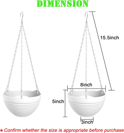Hanging Planters, Set of 9 White Hanging Pots, 8" Hanging Flower Pots, Plant Pots with Drainage Plugs, Water Barrier and Chains, Come with Free Mini Garden Tools Set
