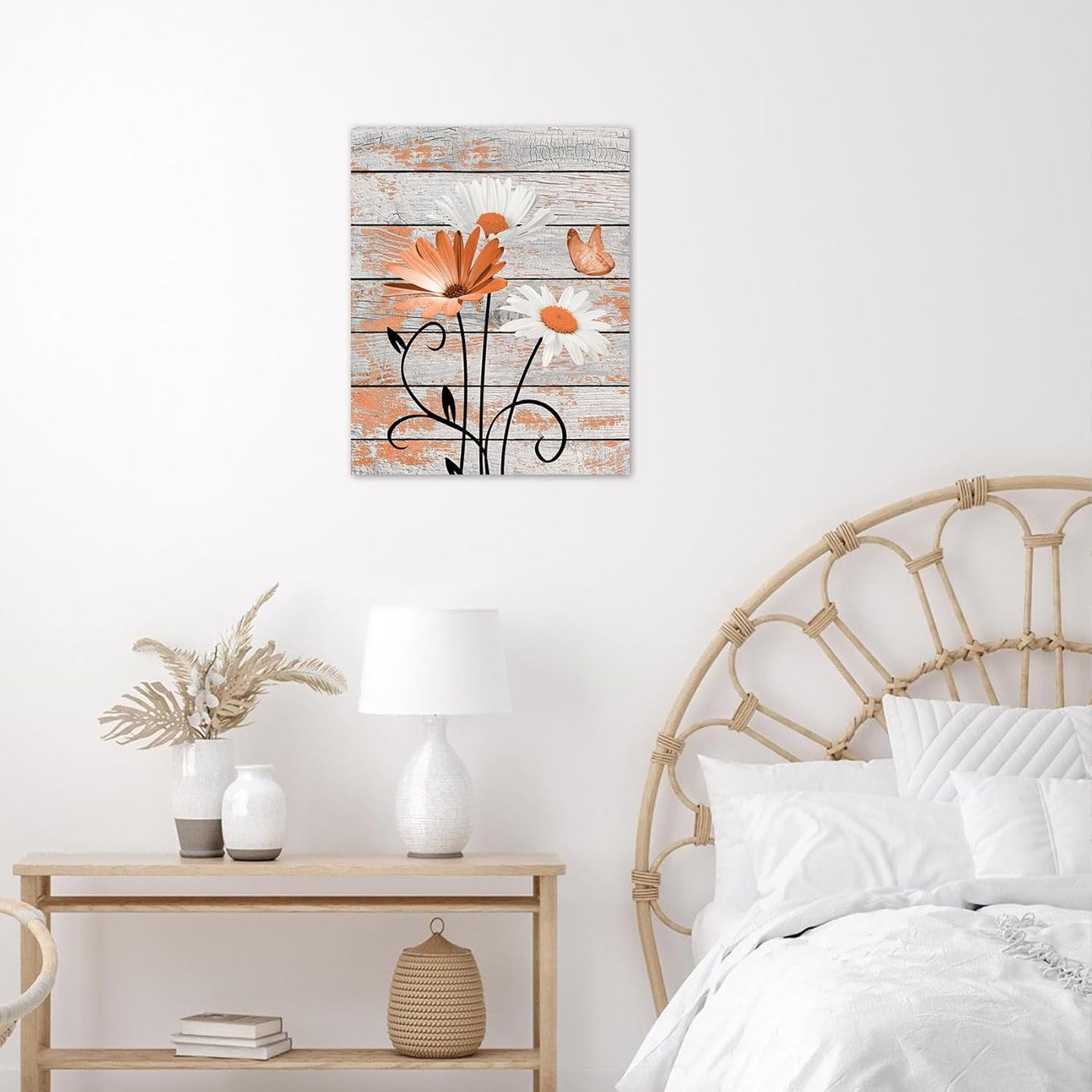 HVEST Farmhouse Floral Wall Art for Living Room, Blue and White Daisy Flower and Butterfly on Rustic Wood Board Canvas Wall Art Framed Artwork Ready to Hang for Bathroom Bedroom Decor, 16L X 12W