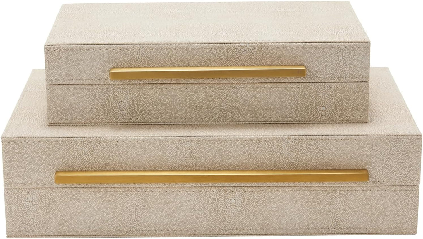 Sagala Set of 2 Ivory Shagreen Decorative Boxes With Brushed Gold Metal Handles, Faux Leather Jewelry Boxes Modern Storages Photo Memory Boxes Home Organizer Boxes (Ivory-Gold, 2pack)