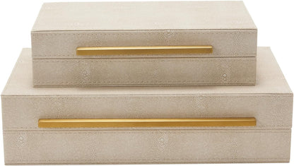 Sagala Set of 2 Ivory Shagreen Decorative Boxes With Brushed Gold Metal Handles, Faux Leather Jewelry Boxes Modern Storages Photo Memory Boxes Home Organizer Boxes (Ivory-Gold, 2pack)