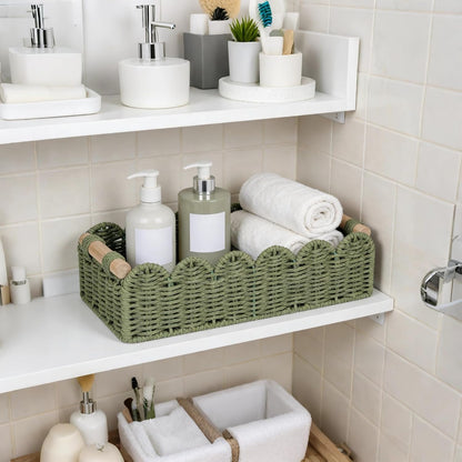 CubesLand Paper Rope Scalloped Edge Toilet Paper Storage Basket, Small Living Room, Bedroom Decor Baskets for Over Toilet Storage Shelf, End Table, Shelves and More, with 2 Wooden Handle, Neutral