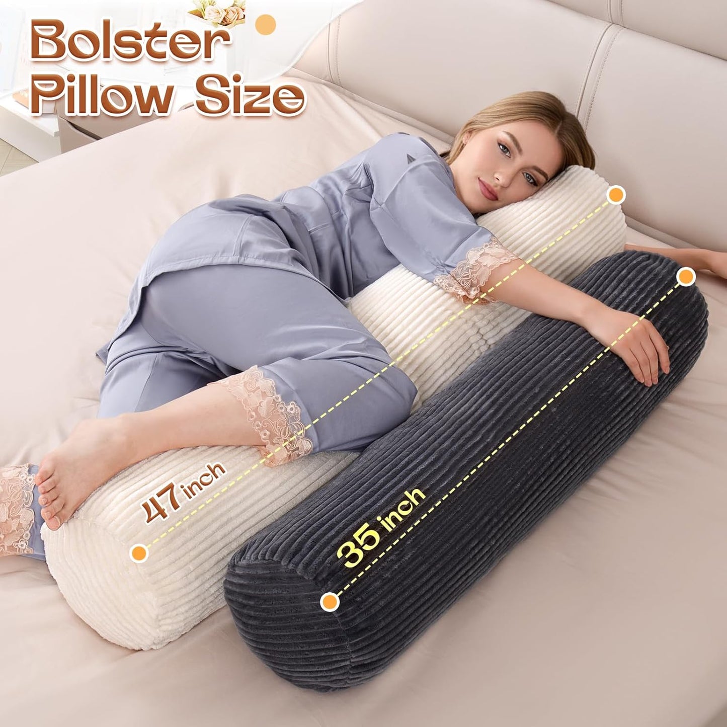 1 MIDDLE ONE Body Pillow for Adults, Bolster Pillow with Removable Velvet Cover, Long Round Cervical Roll Pillow, 47 x 7.87 Inches, Grey
