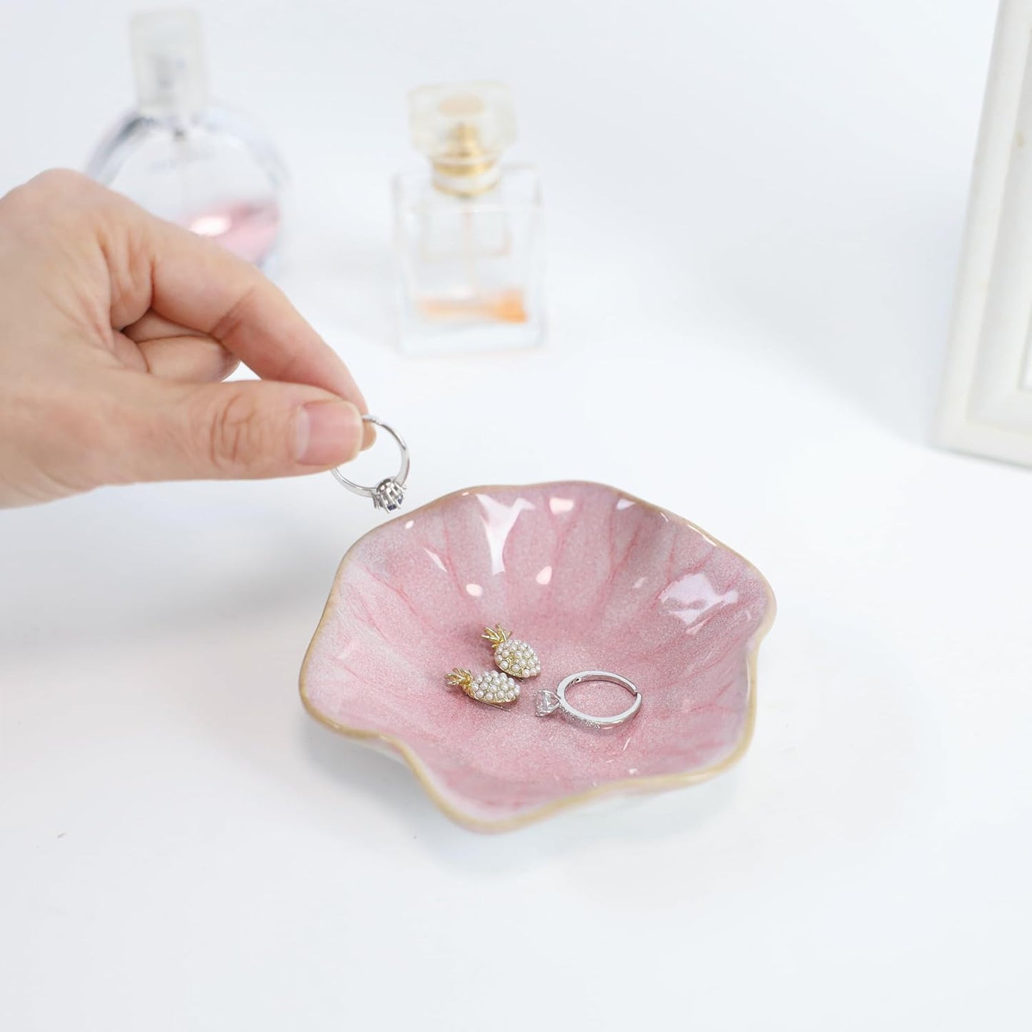Pink Flower Ring Dish Holder,Jewelry Dish Tray,Small Trinket Tray,Jewelry Plate Bowl,Key Bowl,Decorative Plate,Mothers Day Birthday Gifts for Women Friends,Ceramic Kiln effect White