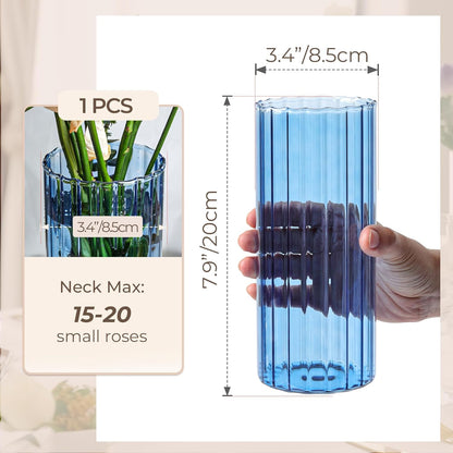 ComSaf Glass Cylinder Vases, Bud Vase for Centerpieces, 8 Inch Tall Ribbed Vase Hurricane Floating Candle Holder, Decorative Flower Vases for Wedding Reception, Home Decor, Housewarming Gift (Clear)