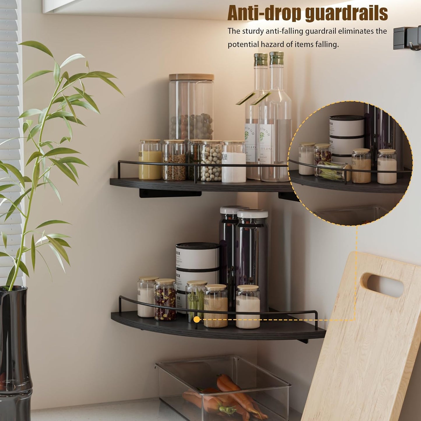 Corner Floating Shelves, Rustic Brown Wood, Set of 2, Wall Mount Storage with Guardrail for Bathroom Kitchen Living Room