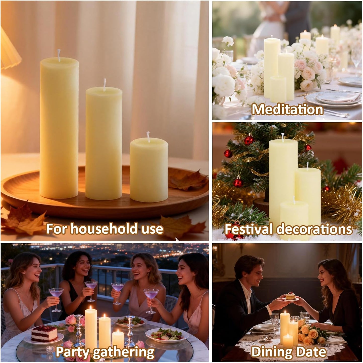 12-Pack Ivory Unscented Pillar Candle Set - 2x3, 2x6, 2x8-inch Long-Burning Drip-Free Tapers, 4 Per Size. Ideal for Home Decor, Weddings, Emergencies, and Holidays.