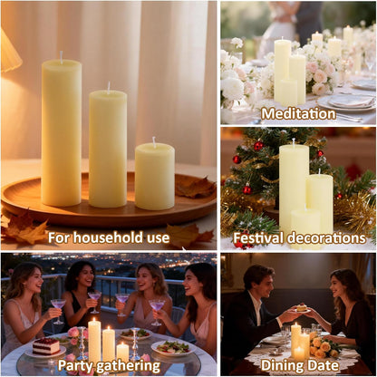 12-Pack Ivory Unscented Pillar Candle Set - 2x3, 2x6, 2x8-inch Long-Burning Drip-Free Tapers, 4 Per Size. Ideal for Home Decor, Weddings, Emergencies, and Holidays.