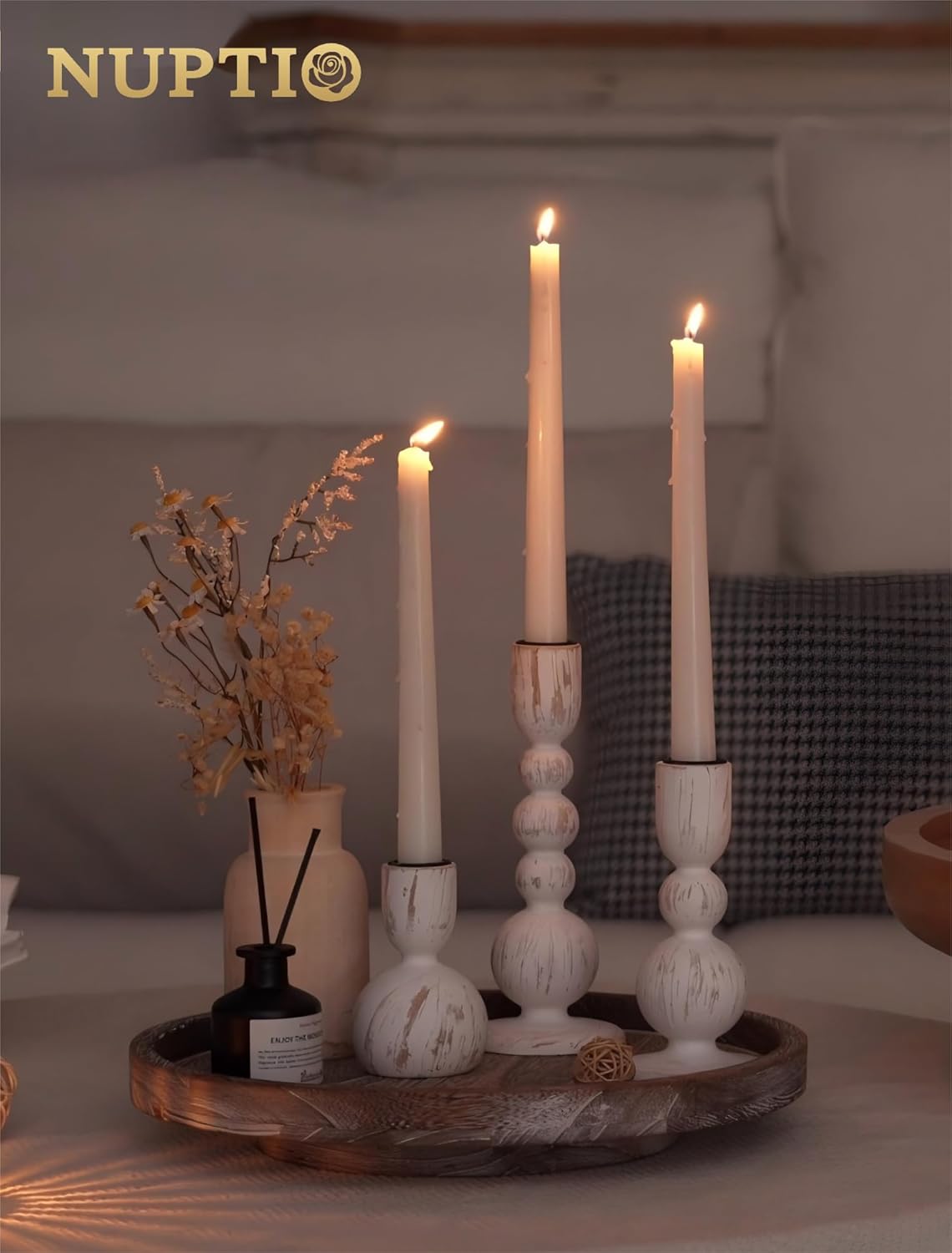 NUPTIO Candle Stick Holders Decor: Set of 3 Farmhouse Wooden Taper Candle Holders - Rustic Sage Green for Home Coffee Dinner Table