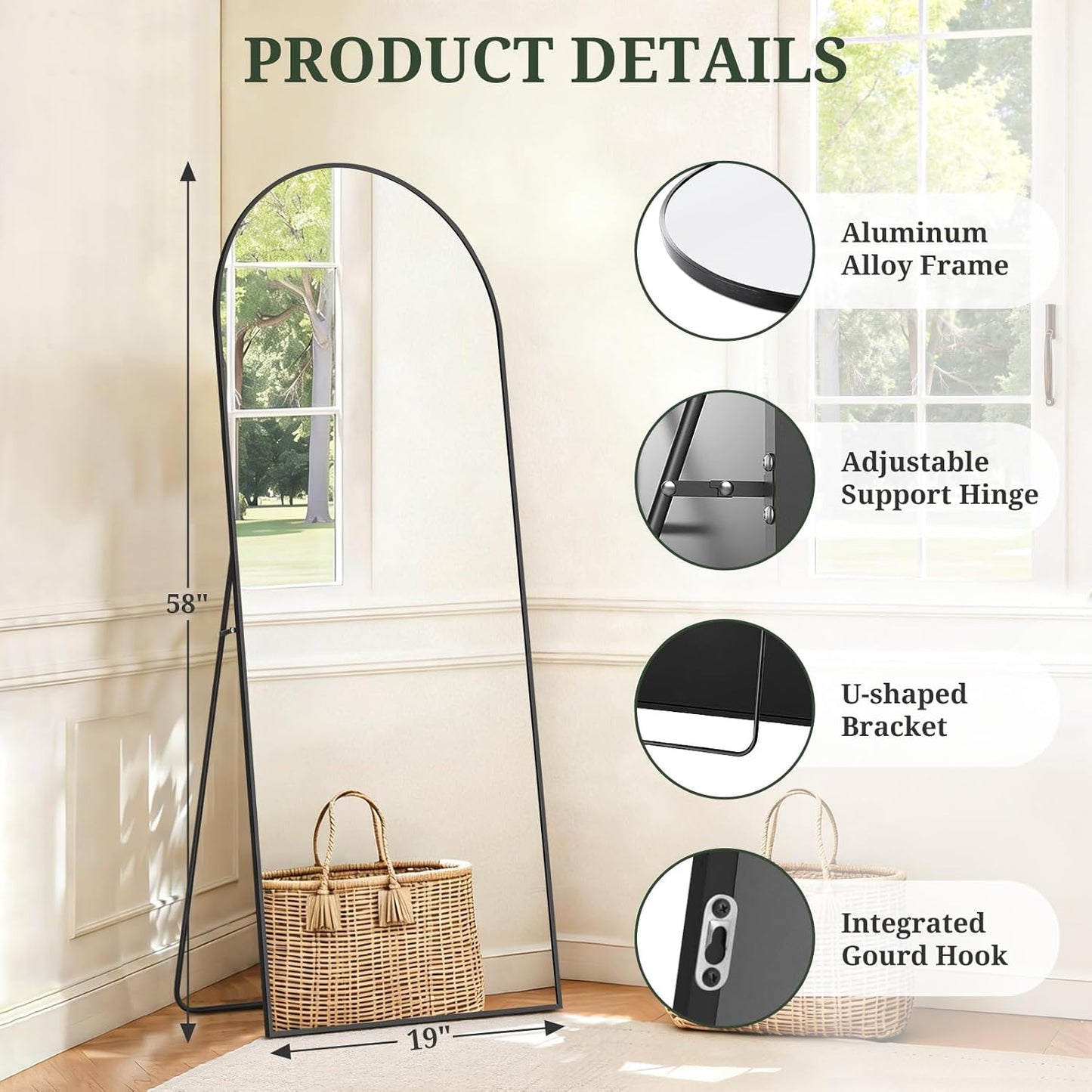 Mirror Full Length 64"x21" Full Body Floor Mirror with Stand, Shatterproof Glass, Aluminum Alloy Frame, Free Standing Wall Mounted or Leaning Arched Mirrors for Bedroom Living Room Entryway