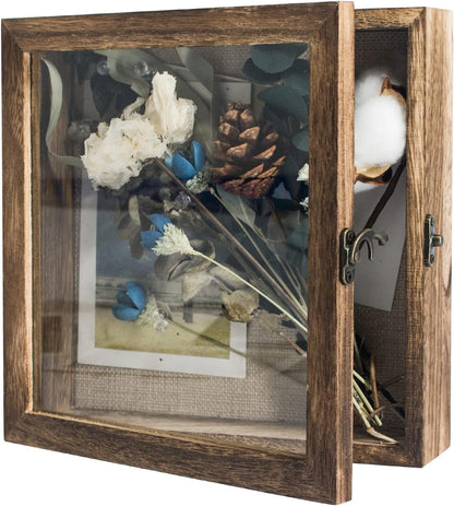 GraduatePro Shadow Box Frame 11x14 Display Case with Linen Back, Real Glass Window Door with Hinge, Picture Frame Wedding Bouquet Memorabilia Medals Photos Memory Box for Keepsakes, Carbonized Black