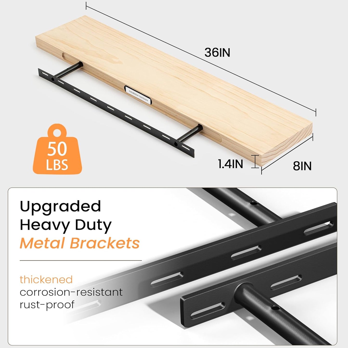 Floating Shelves 36 Inches Long - 8 Inch Deep Rustic Premium Solid Pine Wood for Storage - Farmhouse Wall Mounted for Living Room - Heavy-Duty Metal Bracket - 36" W x 8" D - Set of 2 - White Color