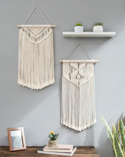 Mkono 2 Pcs Macrame Wall Hanging Boho Wall Art Decor Woven Chic Bohemian Room Decor for Bedroom Nursery Living Room Dorm Apartment, Small Size 13" L x 10" W and 16" L x 10" W