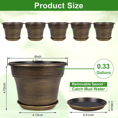 Fodetyff 10 Inch Planters Plant Pots Indoor Outdoor, 4 Pack Plastic Flower Pot for Indoor Plants with Drainage Holes & Trays, Resin Decorative Container Sets with Saucer for House Garden Copper