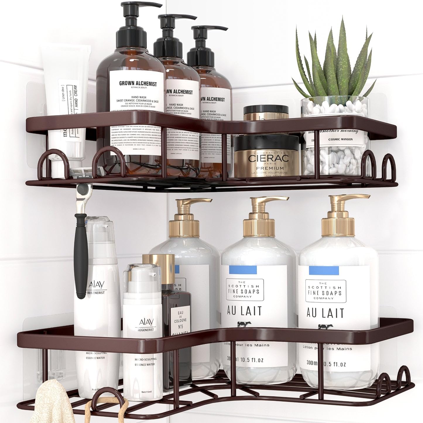 Sakugi Corner Shower Caddy - 2 Pack, Adhesive Shower Organizers, Rustproof Stainless Steel Shower Shelves with 8 Hooks, No Drilling Bathroom Organizers and Storage Racks, Space-Saving, Black, Medium