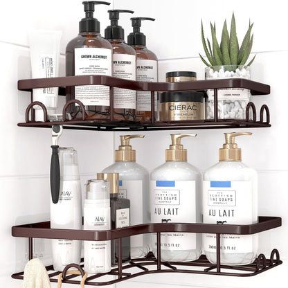 Sakugi Corner Shower Caddy - 2 Pack, Adhesive Shower Organizers, Rustproof Stainless Steel Shower Shelves with 8 Hooks, No Drilling Bathroom Organizers and Storage Racks, Space-Saving, Black, Medium