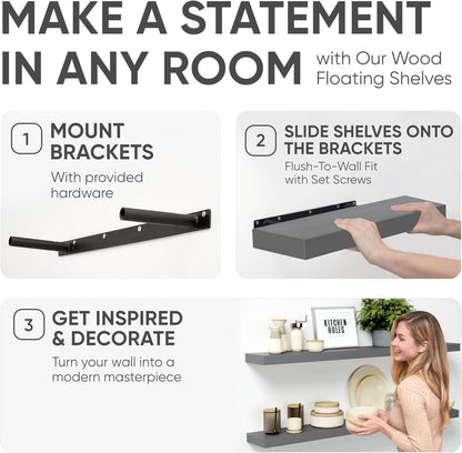 Homeforia 24 inch Natural Floating Shelf, High End Solid Real Wood 24inch Small Floating Shelves for Wall Mounted, Natural Wooden Floating Shelves, Heavy Duty Bracket, 24 X 6.5 X 1.75 in, Set of 2