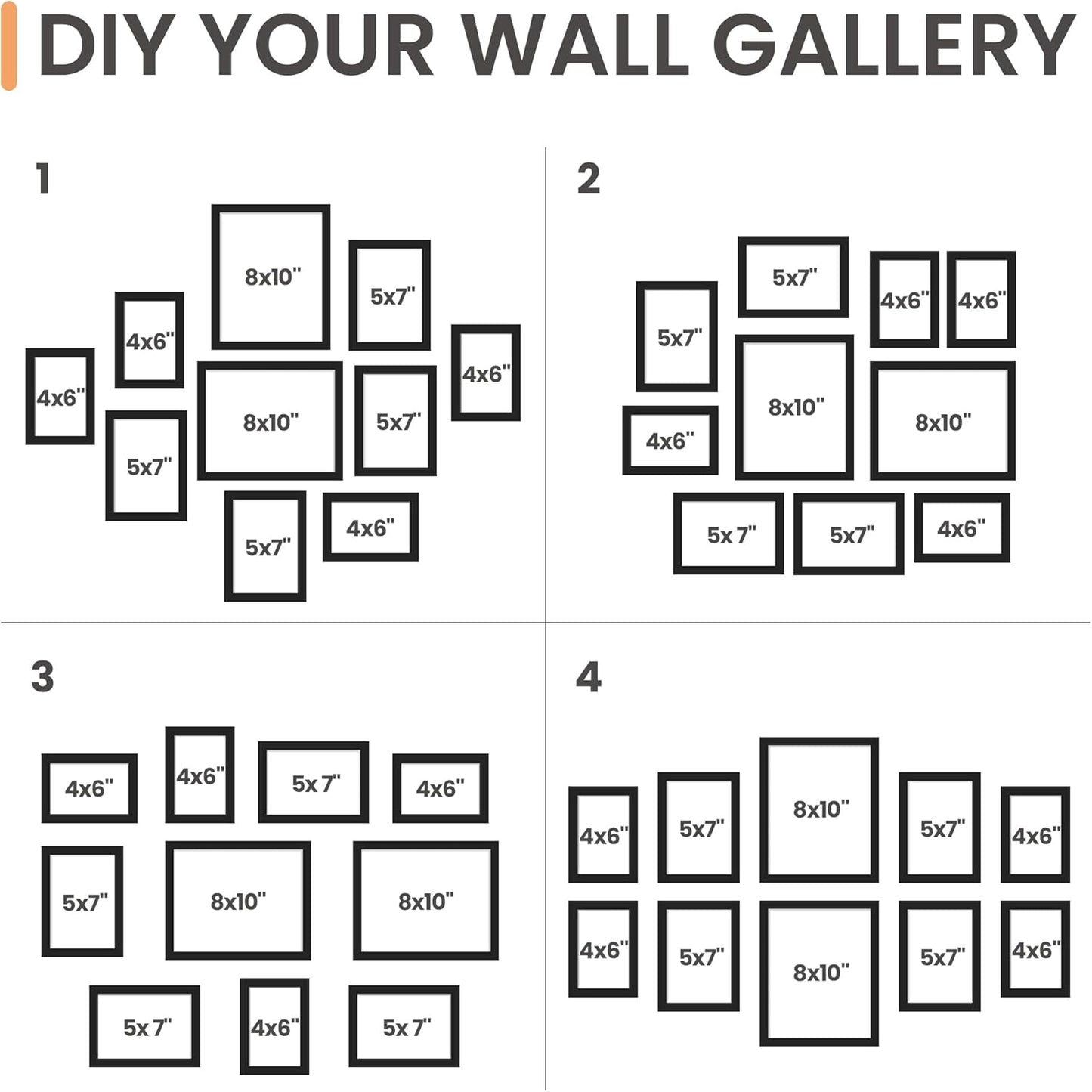 upsimples 10 Pack Picture Frames Collage Wall Decor for Mounting or Tabletop Display, Photo Gallery Frame Set for Family, Multi Sizes Including 8x10, 5x7, 4x6, Black