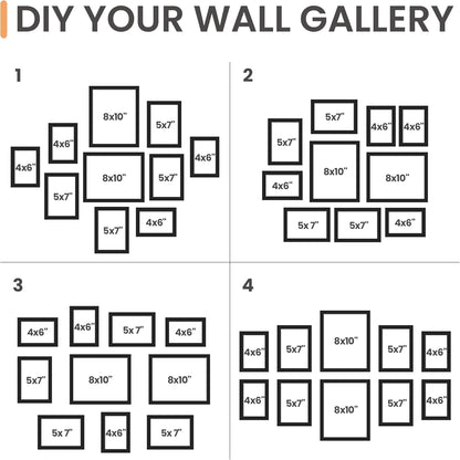 upsimples 10 Pack Picture Frames Collage Wall Decor for Mounting or Tabletop Display, Photo Gallery Frame Set for Family, Multi Sizes Including 8x10, 5x7, 4x6, Black