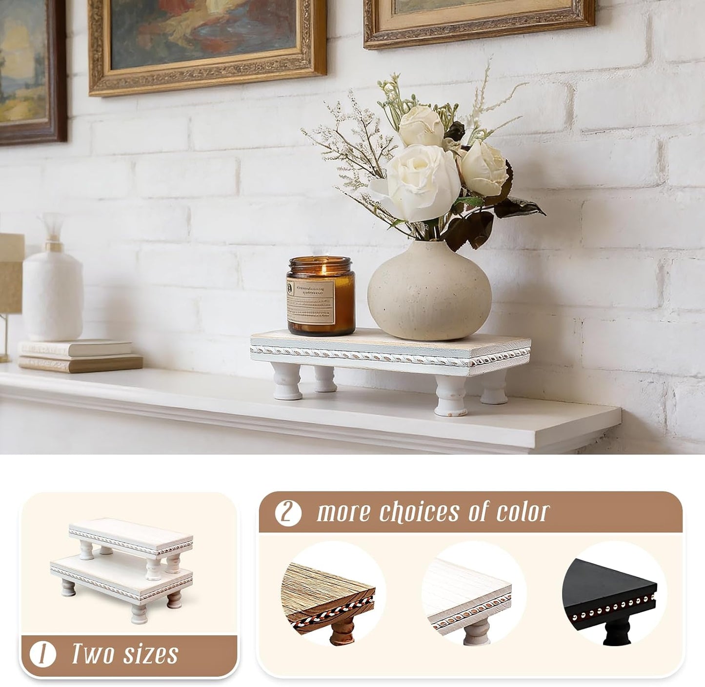 Wood Tray Pedestal Stand, Waterproof Bathroom Counter Organizer, Modern Farmhouse Riser for Soap/Candle/Sponge White Small
