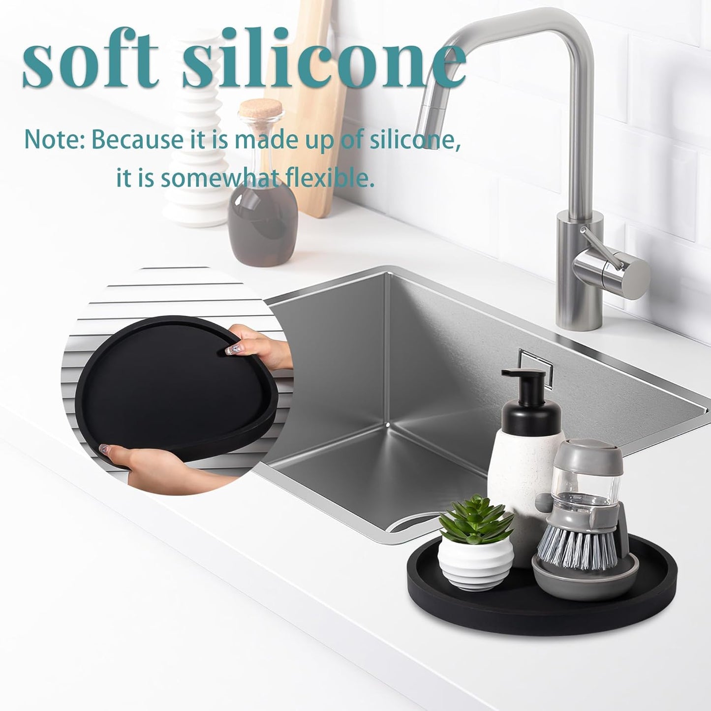 Silicone Bathroom Tray Round Vanity Tray Decorative Soap Holder Kitchen Countertop Organizer Coffee Table Decor for Candle, Perfume, Plant, 9 Inch, Black