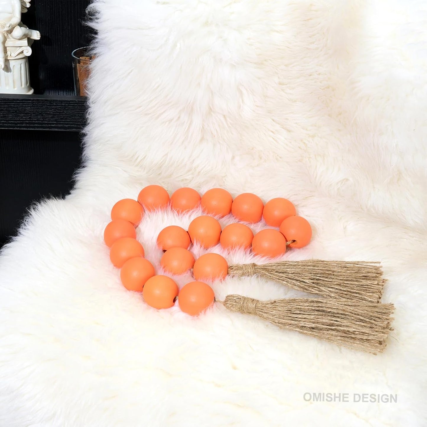 OMISHE Extra Large Wood Bead Garland with 1.6" Diameter Wooden Beads and Tassels, 41" Long Rustic Farmhouse Country Decorative Beads for Home Tiered Tray Decor, Natural Beige