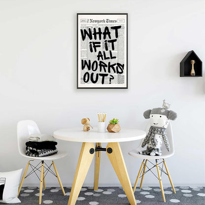 Retro Black And White Newspaper Poster What If It All Works Out Canvas Wall Art Positive Affirming Quote Minimalist Prints Painting For Home Bedroom Dorm Wall Decor 12x16in Unframed