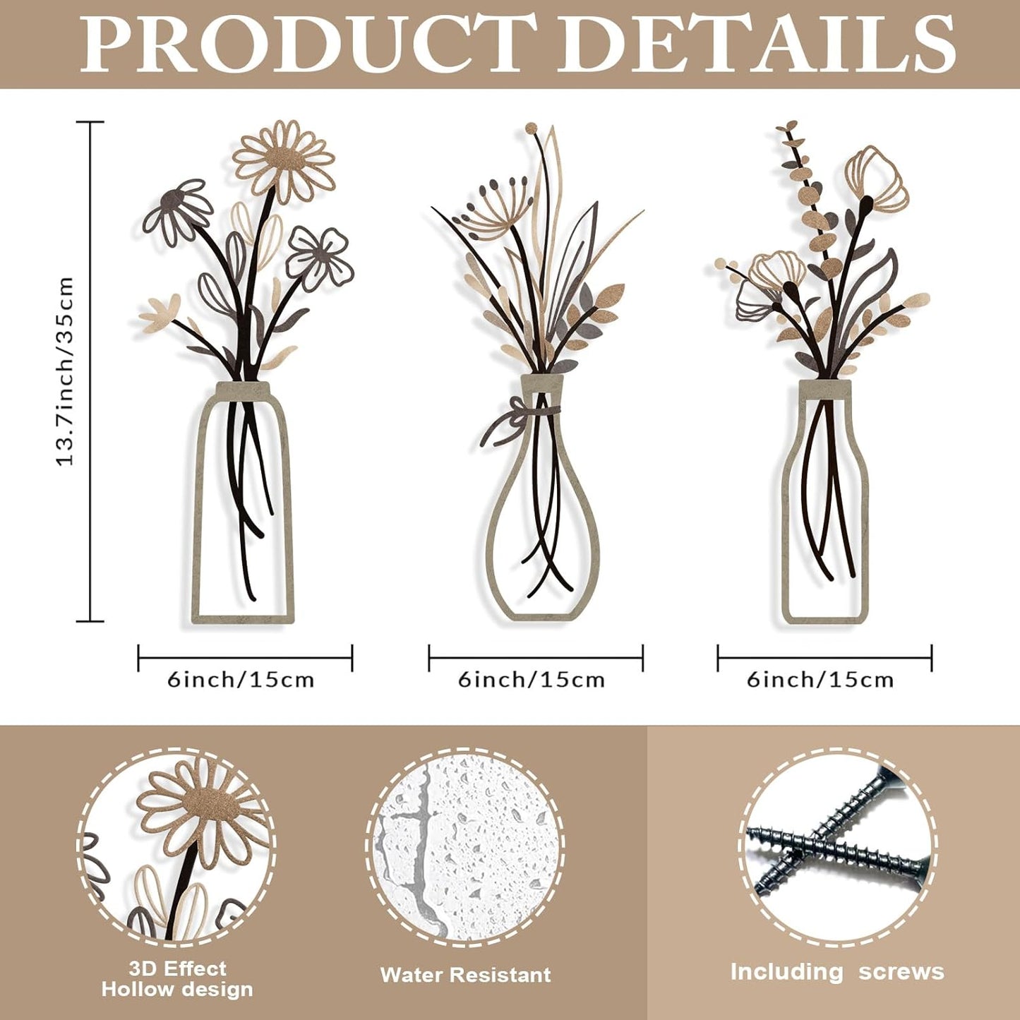 Pigort 3 Pieces Metal Flowers Wall Art- Rustic Farmhouse Decor Minimalist Decor for Living Room Bathroom Bedroom Dining Room, Housewarming Gifts Christmas Decoration(Beige, Vase-C)