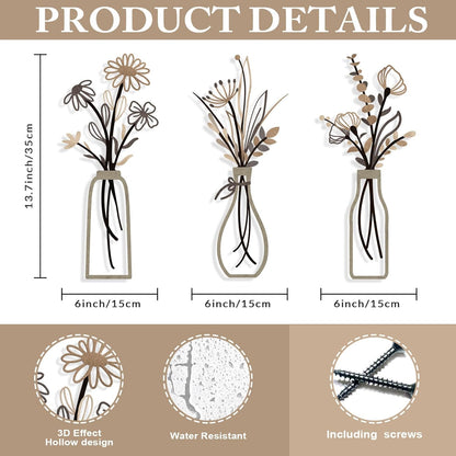 Pigort 3 Pieces Metal Flowers Wall Art- Rustic Farmhouse Decor Minimalist Decor for Living Room Bathroom Bedroom Dining Room, Housewarming Gifts Christmas Decoration(Beige, Vase-C)