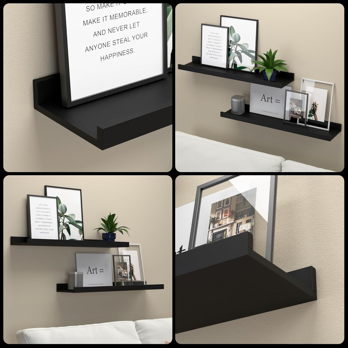 RICHER HOUSE 5 Set Floating Wall Mounted Shelves, Black Shelves for Wall Decor, Modern Picture Ledge Shelf with Lip for Storage, Nursery, Bedroom, Living Room, Bathroom - Black