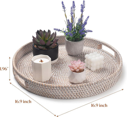 13.8 inch Round Rattan Tray, Decorative Coffee Table Tray, Ottoman Tray, Woven Serving Tray with Handles, Wicker Serving Basket, Whitewash