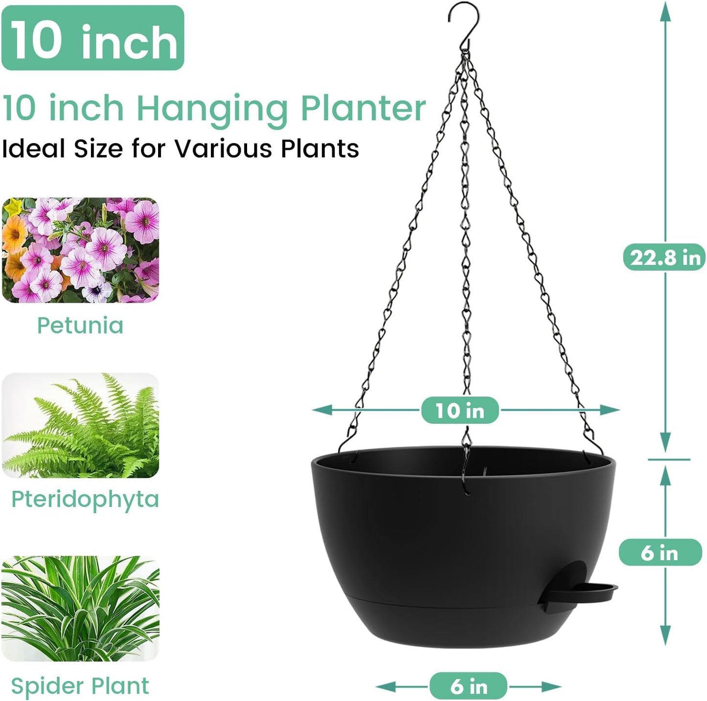 UOUZ Set of 3-10 Inch Self Watering Hanging Planters for Indoor Outdoor，Hanging Plant Pots with Drainage & Removable Tray, Hanging Pots Holder for Ivy, Pothos, Ferns, Balcony & Patio, Black with Brown