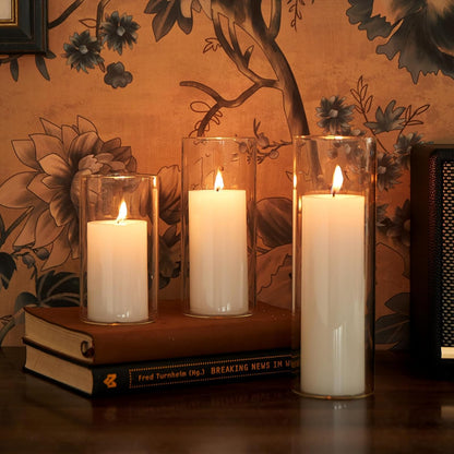Set of 6 White Pillar Candles with Clear Glass Hurricane Holders- Elegant Cylinder Candle Vases for Weddings, Parties, Centerpieces, Home & Office Decor (White, 6 Set)