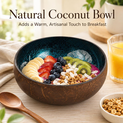 ChezMax Natural Coconut Bowl with Mother of Pearl Inlays - Key Bowl & Fruit Snack Holder (Blue-Gold)