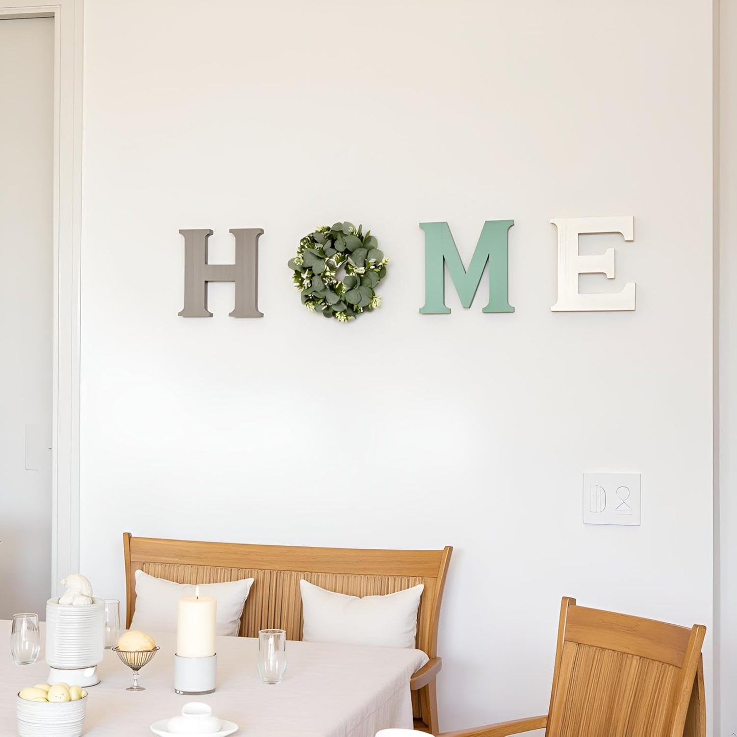 Mkono Farmhouse Wall Home Sign with Artificial Eucalyptus for O Rustic Wooden Hanging Letters Decorative Wall Art Decor for Living Room Kitchen Entryway Housewarming Gift, Brown