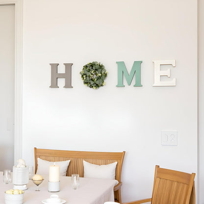 Mkono Farmhouse Wall Home Sign with Artificial Eucalyptus for O Rustic Wooden Hanging Letters Decorative Wall Art Decor for Living Room Kitchen Entryway Housewarming Gift, Brown