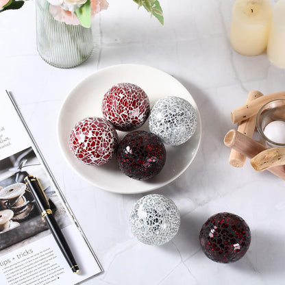 Cunhill 6 Pieces Decorative Balls for Bowls 6.5 cm / 2.5 Inch Orbs Glass Balls for Centerpiece Bowls Mosaic Sphere for Home Decoration Dining Table Christmas Party (White,Red,Reddish Black)
