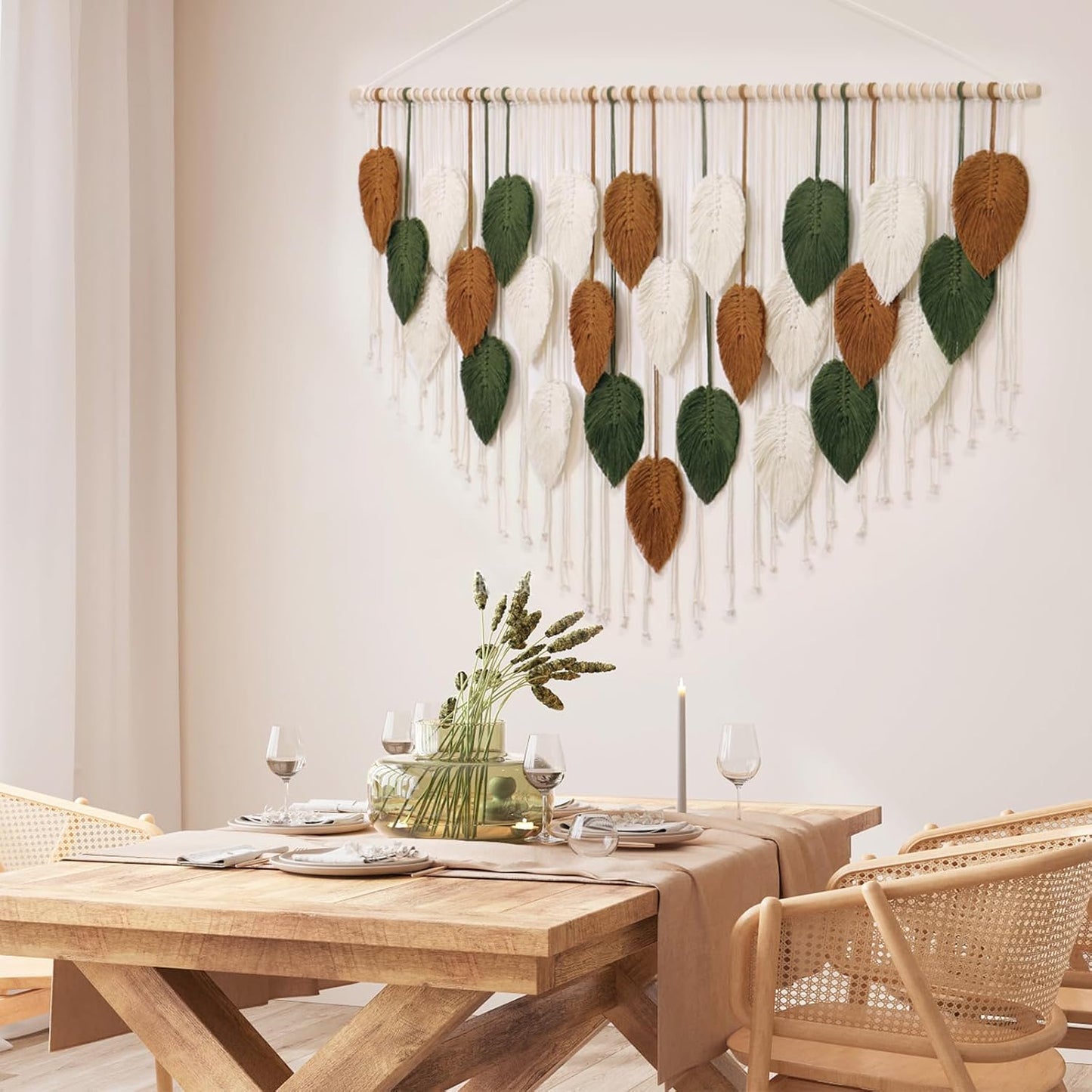 KHOYIME Large Macrame Wall Hanging Boho Woven Tapestry, Chic Home Decor Modern Bohemian Handmade Leaf Feather Wall Art Decorations for Apartment Dorm Living Room Bedroom Nursery Backdrop 39"W X 29.5"L