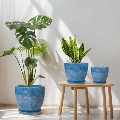 Plant Pots Indoor, Ceramic Planters Pots with Drainage Holes and Saucers, 10+8+6 Inch, Set of 3, Round Large Flower Pots for Indoor Outdoor Plants, Blue