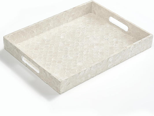 CHI AN HOME Capiz Decorative Tray 15.8” x 11.8” x 1.8" Rectangular Tray, Natural Handmade Serving Tray with Handles for Coffee Tables, Ottoman, Vanity, Kitchen, Coastal Boho Home Decor, White
