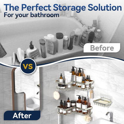 YASONIC Corner Adhesive Shower Caddy, with Soap Holder and 12 Hooks, Rustproof Stainless Steel Bathroom Organizer, No Drilling Wall Mounted Rack, Black, 3-Pack