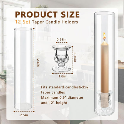 12 Sets Glass Hurricane Candle Holders - 12.6” Glass Candlestick Holders with Clear Tall Cylinder Candle Sleeves for Wedding, Christmas Table Decor (12)